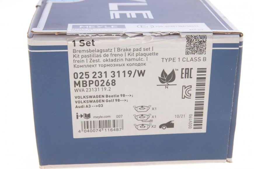 025 231 3119/W MEYLE Колодки гальмівні передні VW Caddy III 2004- (з датчиками) (вушка вгору) 025 231 3119/W фото