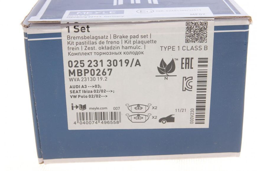025 231 3019/A MEYLE Колодки гальмівні передні VW Caddy III 2004- (без датчиків) (вушка вгору) 025 231 3019/A фото
